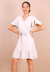 Wrap Front Angel Sleeve Mini Dress In Beige - Lilura London
