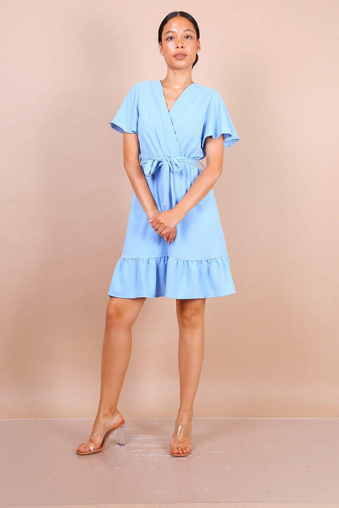 Wrap Front Angel Sleeve Mini Dress In Blue - Lilura London
