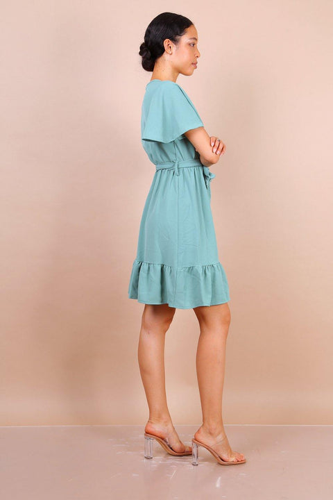 Wrap Front Angel Sleeve Mini Dress In Mint Green - Lilura London