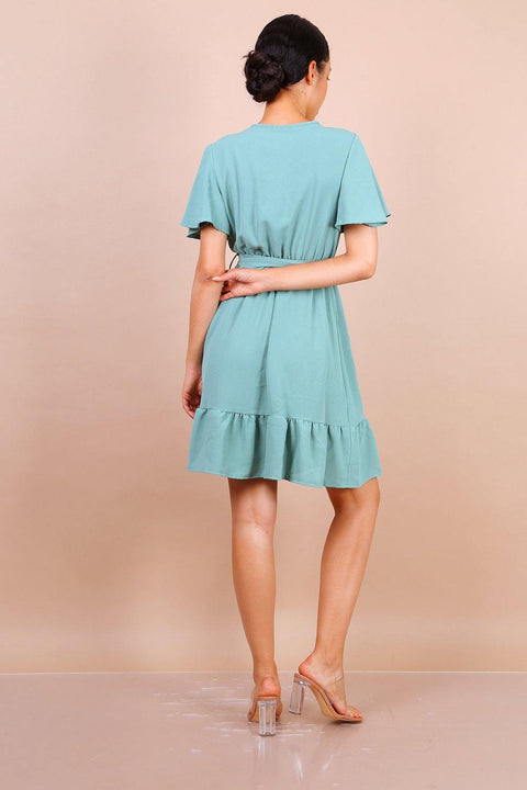 Wrap Front Angel Sleeve Mini Dress In Mint Green - Lilura London