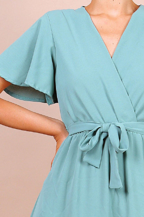 Wrap Front Angel Sleeve Mini Dress In Mint Green - Lilura London