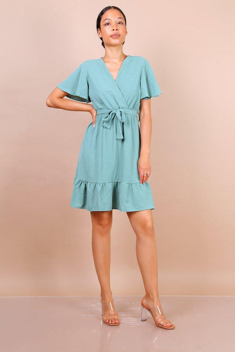 Wrap Front Angel Sleeve Mini Dress In Mint Green - Lilura London