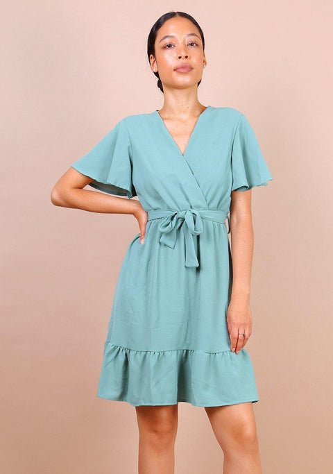 Wrap Front Angel Sleeve Mini Dress In Mint Green - Lilura London