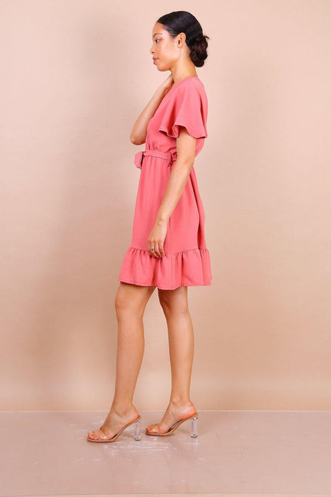 Wrap Front Angel Sleeve Mini Dress In Pink - Lilura London