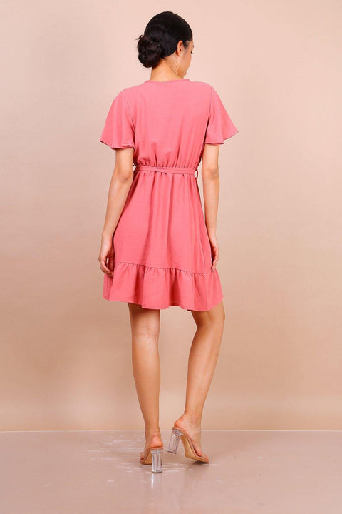 Wrap Front Angel Sleeve Mini Dress In Pink - Lilura London
