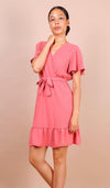 Wrap Front Angel Sleeve Mini Dress In Pink - Lilura London
