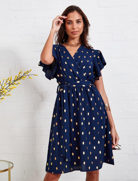 Wrap Dress In Navy With Metallic Gold Spot - Lilura London