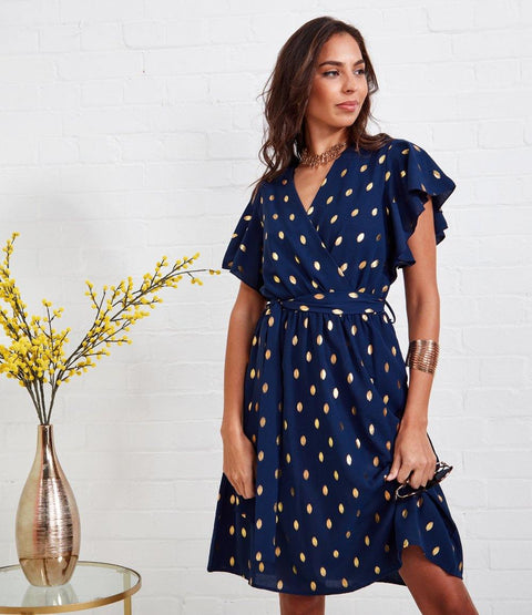 Wrap Dress In Navy With Metallic Gold Spot - Lilura London