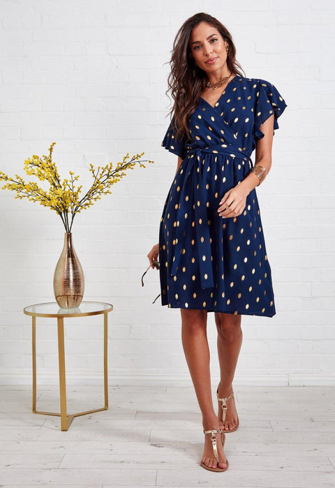 Wrap Dress In Navy With Metallic Gold Spot - Lilura London