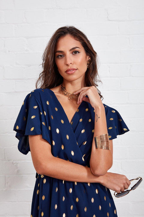 Wrap Dress In Navy With Metallic Gold Spot - Lilura London