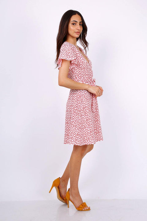 Summer White Daisy Dot Wrap Front Mini Dress - Lilura London