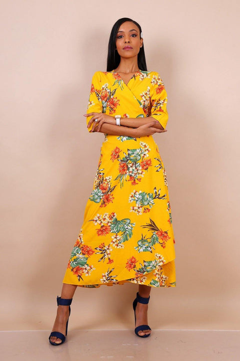 Midi Wrap Dress In Yellow Floral Print With Ruffle Hem - Lilura London