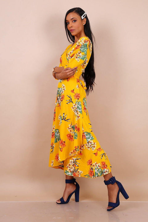 Midi Wrap Dress In Yellow Floral Print With Ruffle Hem - Lilura London