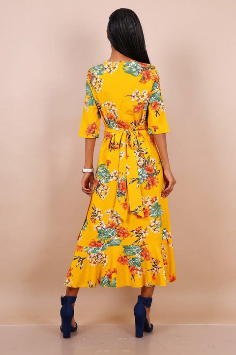 Midi Wrap Dress In Yellow Floral Print With Ruffle Hem - Lilura London