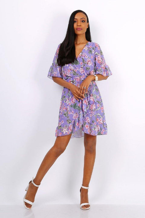 Summer Mini Wrap Dress With Frill Hem In Purple Floral Print - Lilura London