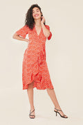 Satin Wrap Frill Hem Midi Dress In Red Base Abstract Heart Print - Lilura London