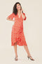 Satin Wrap Frill Hem Midi Dress In Red Base Abstract Heart Print - Lilura London