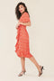 Satin Wrap Frill Hem Midi Dress In Red Base Abstract Heart Print - Lilura London