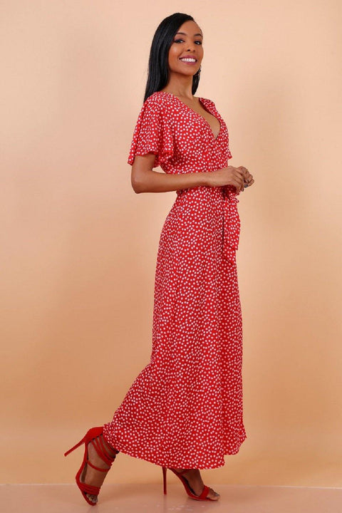 Wrap Front Split Leg Maxi Dress In Red Daisy Dot Print - Lilura London