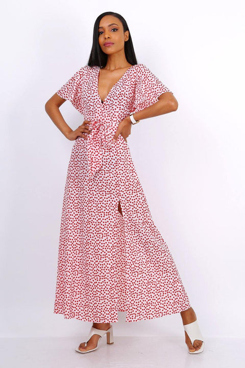 Wrap Front Split Leg Maxi Dress In White Daisy Dot Print - Lilura London