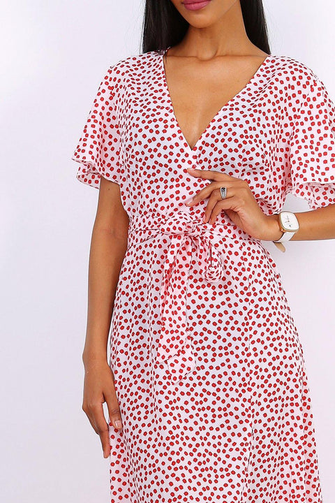 Wrap Front Split Leg Maxi Dress In White Daisy Dot Print - Lilura London
