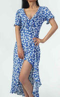 Blue Floral Print Frill Wrap Midi Dress - Lilura London