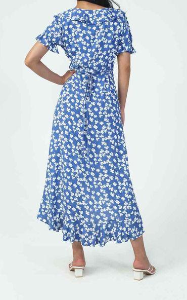Blue Floral Print Frill Wrap Midi Dress - Lilura London