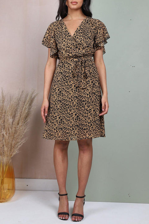 Wrap Dress In Beige Animal Print - Lilura London