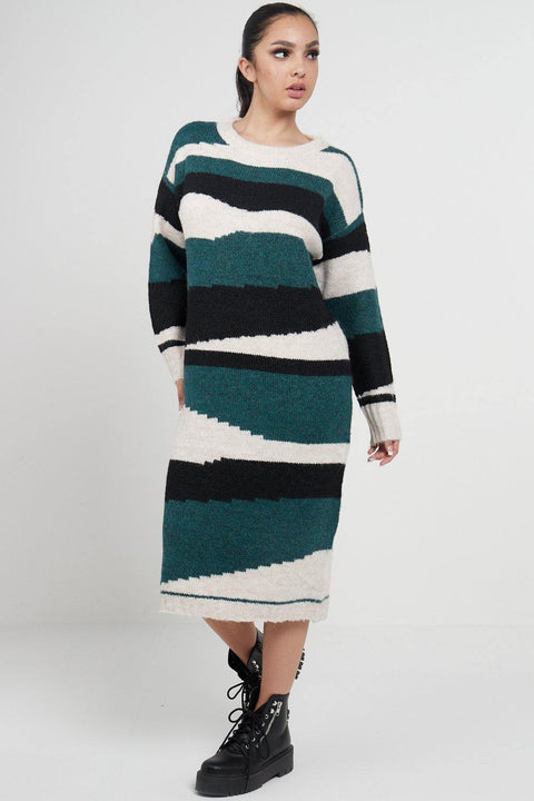 Abstract Striped Jumper Dress In Green - Lilura London