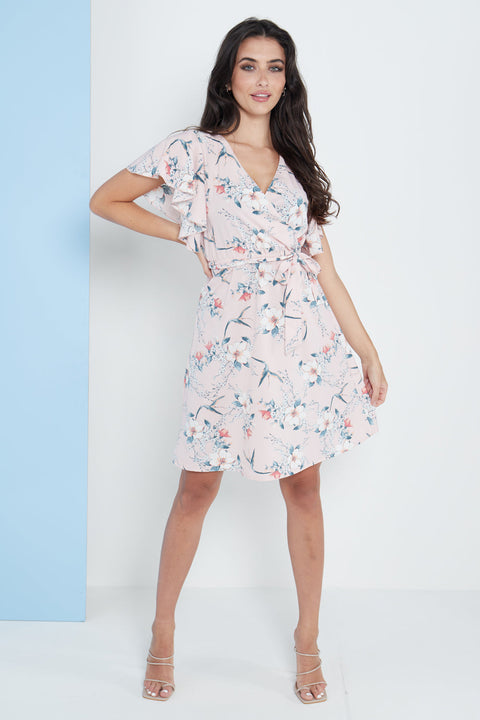 Angel Sleeves Wrap Dress In Pink Floral Print By Lilura London