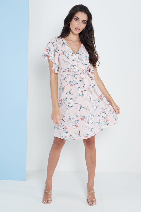 Angel Sleeves Wrap Dress In Pink Floral Print By Lilura London