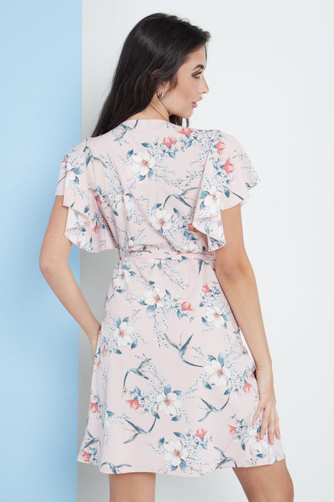 Angel Sleeves Wrap Dress In Pink Floral Print By Lilura London