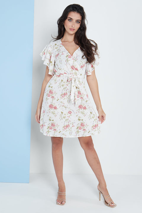 Angel Sleeves Wrap Dress In White Floral Print By Lilura London