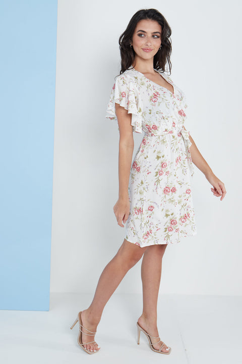 Angel Sleeves Wrap Dress In White Floral Print By Lilura London