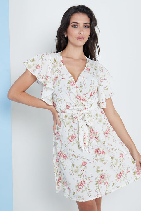 Angel Sleeves Wrap Dress In White Floral Print By Lilura London