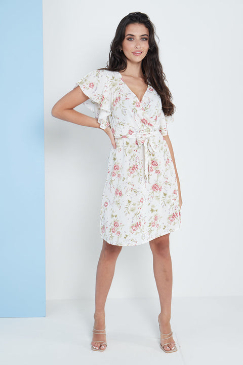 Angel Sleeves Wrap Dress In White Floral Print By Lilura London