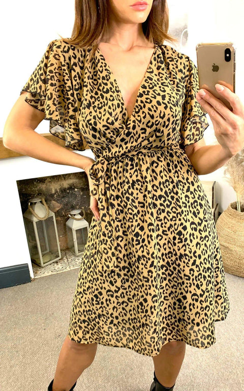 Wrap Dress In Beige Animal Print - Lilura London