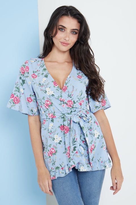 Blue Floral Wrap Top By Lilura London