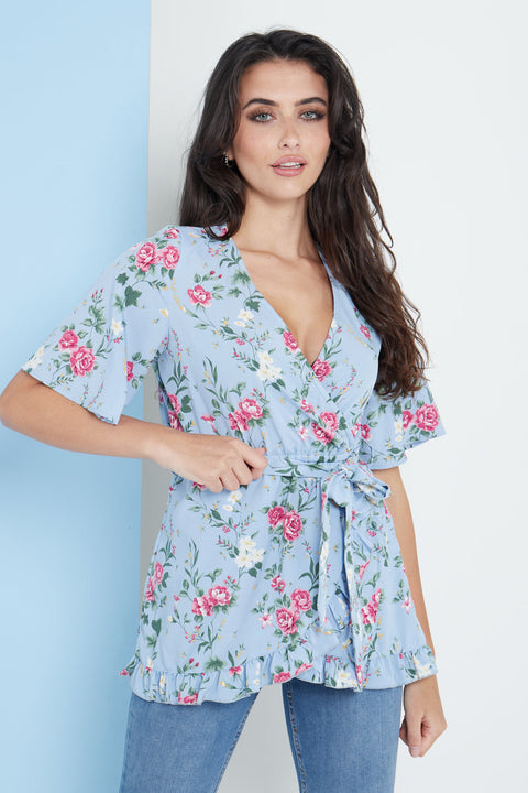 Blue Floral Wrap Top By Lilura London