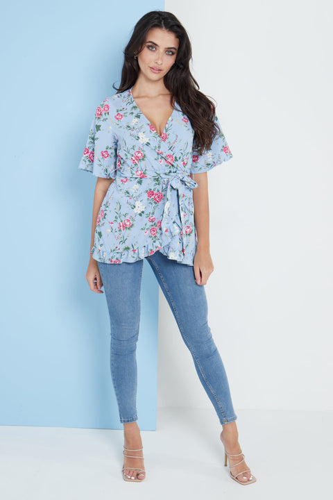 Blue Floral Wrap Top By Lilura London