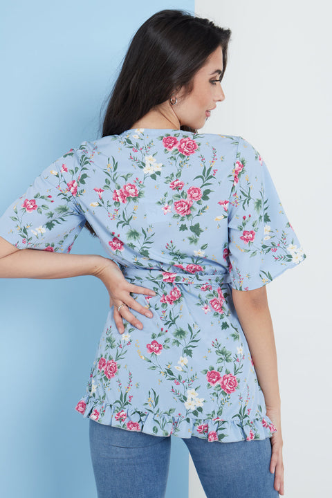 Blue Floral Wrap Top By Lilura London