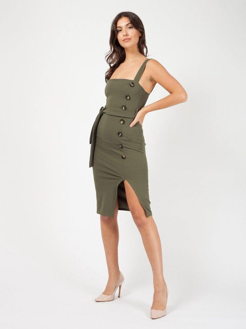 Midi Dress With Button Detail And Belt In Green - Lilura London
