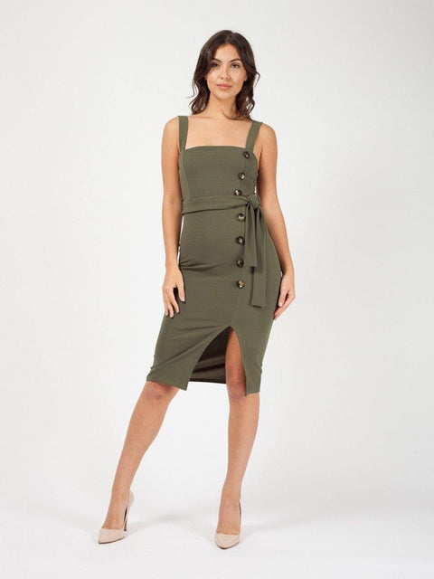 Midi Dress With Button Detail And Belt In Green - Lilura London