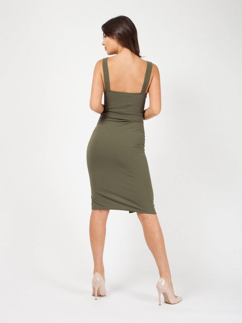 Midi Dress With Button Detail And Belt In Green - Lilura London