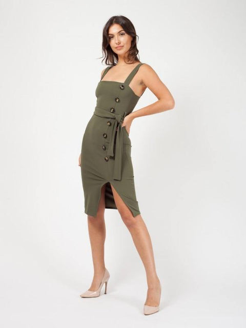 Midi Dress With Button Detail And Belt In Green - Lilura London