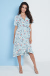 Floral Frill Midi Wrap Dress In Blue By Lilura London