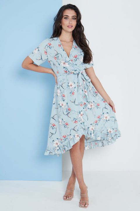 Floral Frill Midi Wrap Dress In Blue By Lilura London