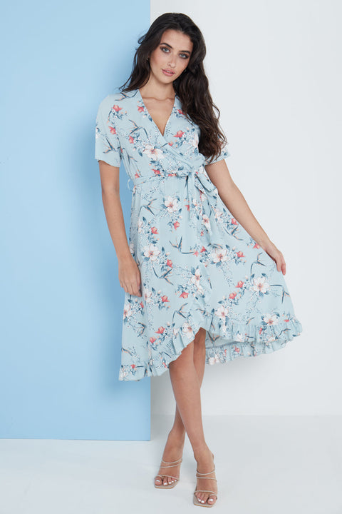 Floral Frill Midi Wrap Dress In Blue By Lilura London