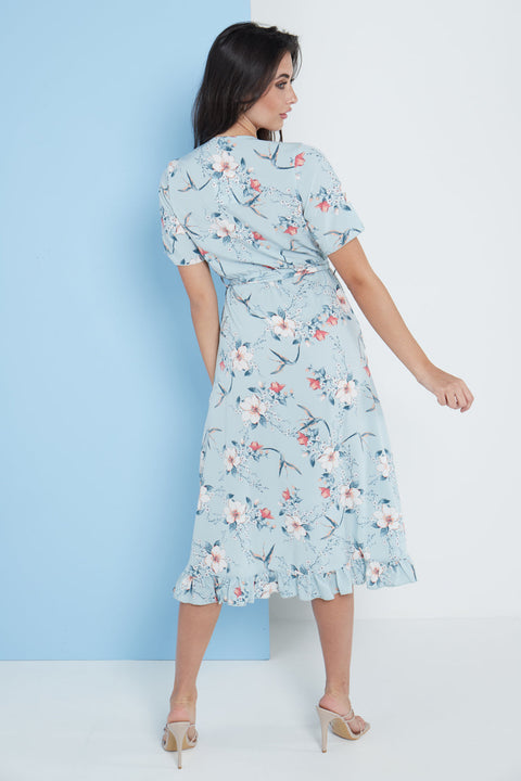 Floral Frill Midi Wrap Dress In Blue By Lilura London