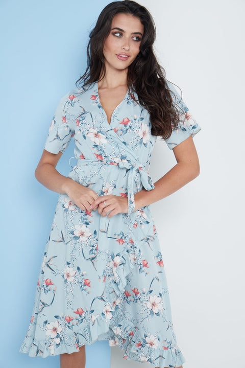 Floral Frill Midi Wrap Dress In Blue By Lilura London